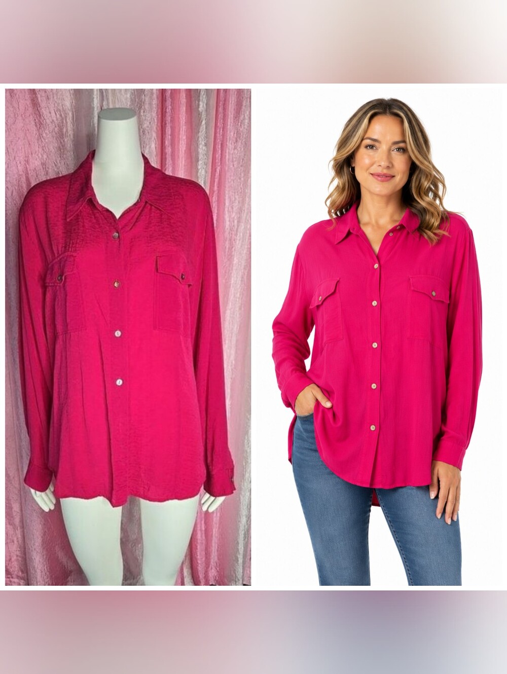 Chico's 100% Silk Hot Pink Textured Workwear Button-Up Blouse Size 16